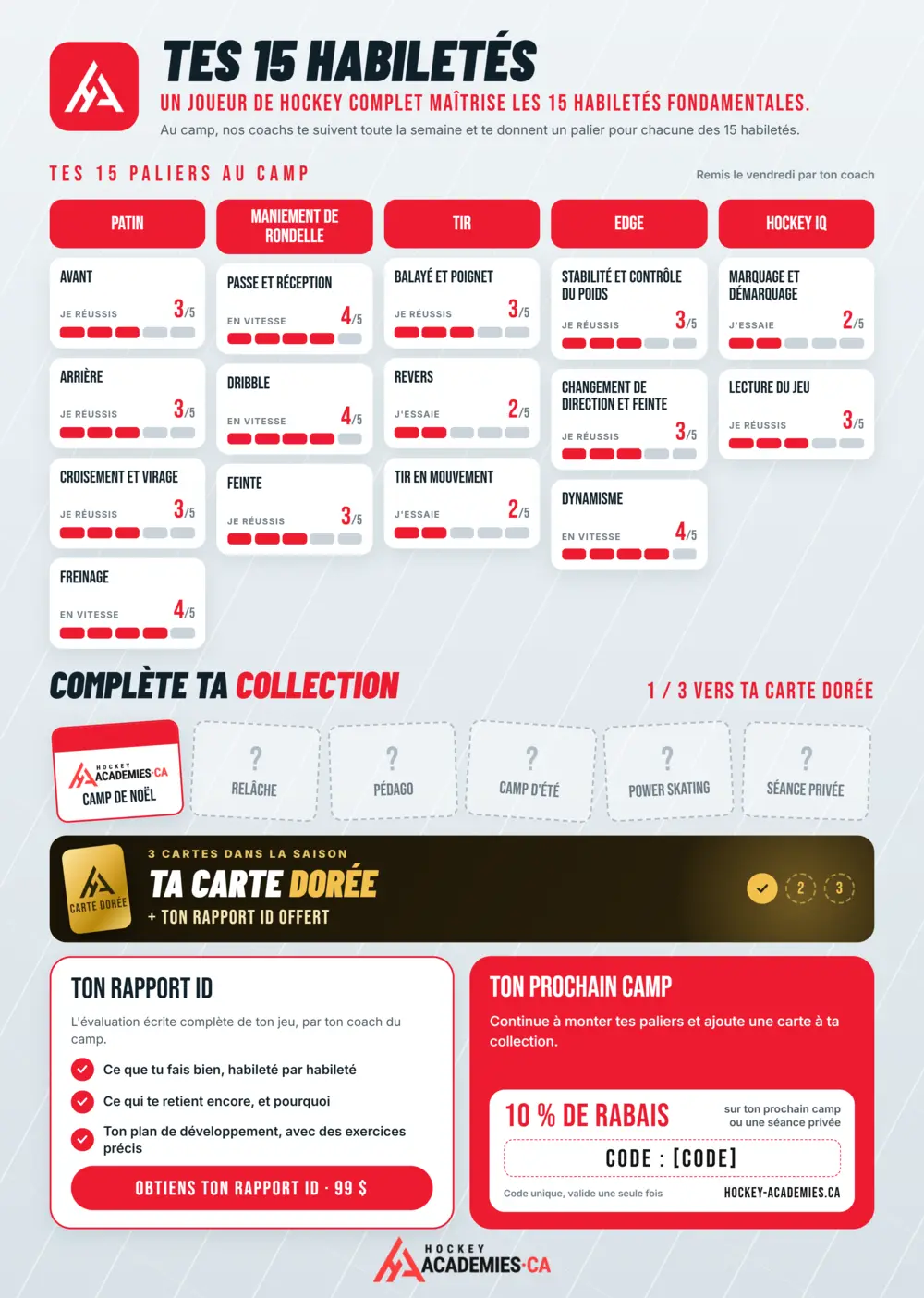 Verso de la carte iD de camp : les 15 paliers au camp, la collection de cartes, la carte dorée, le rapport iD et un code de 10 % sur le prochain camp